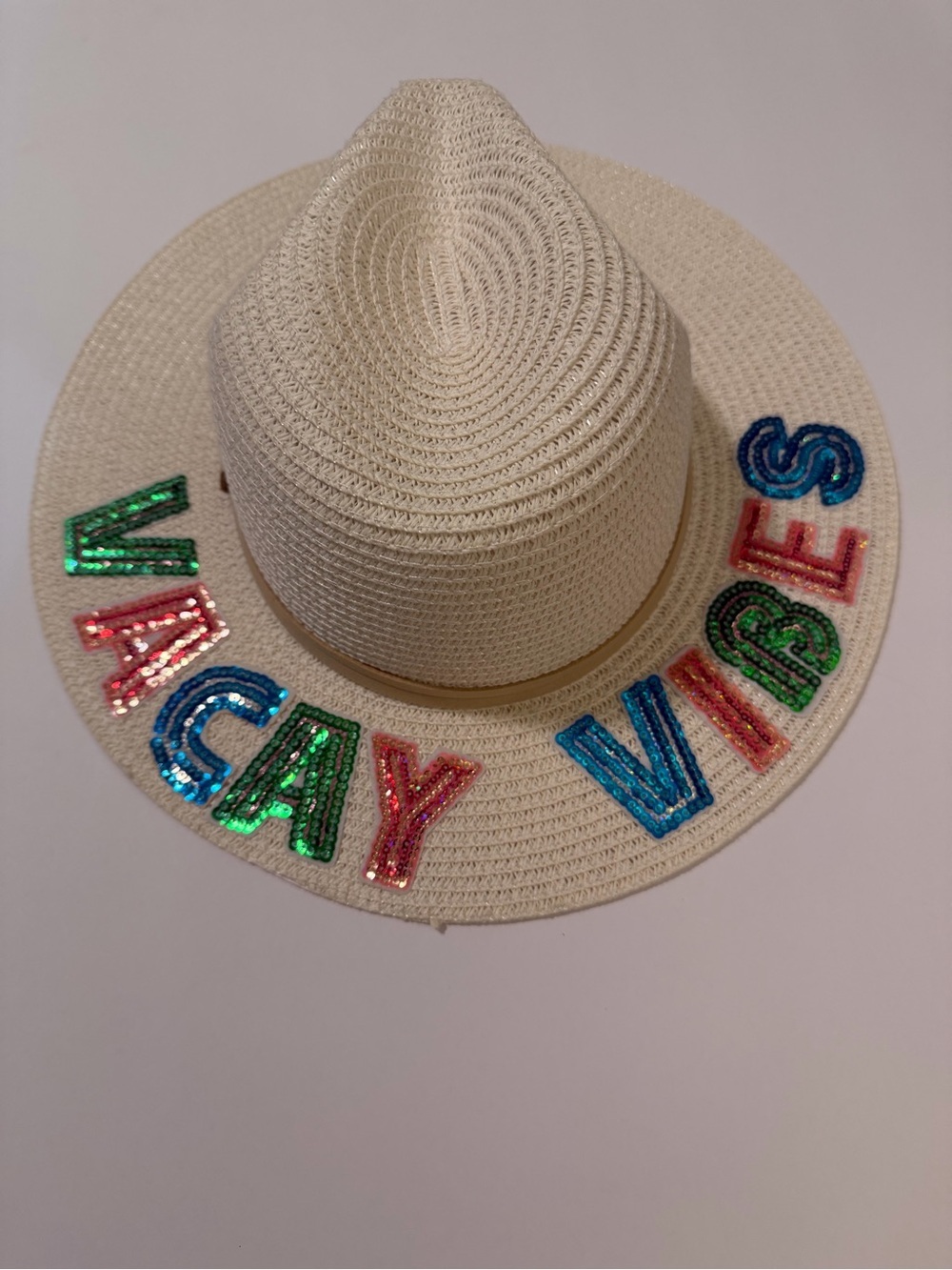 Cream Straw Sun Hat with Multicolor Sequin 'VACAY VIBES'